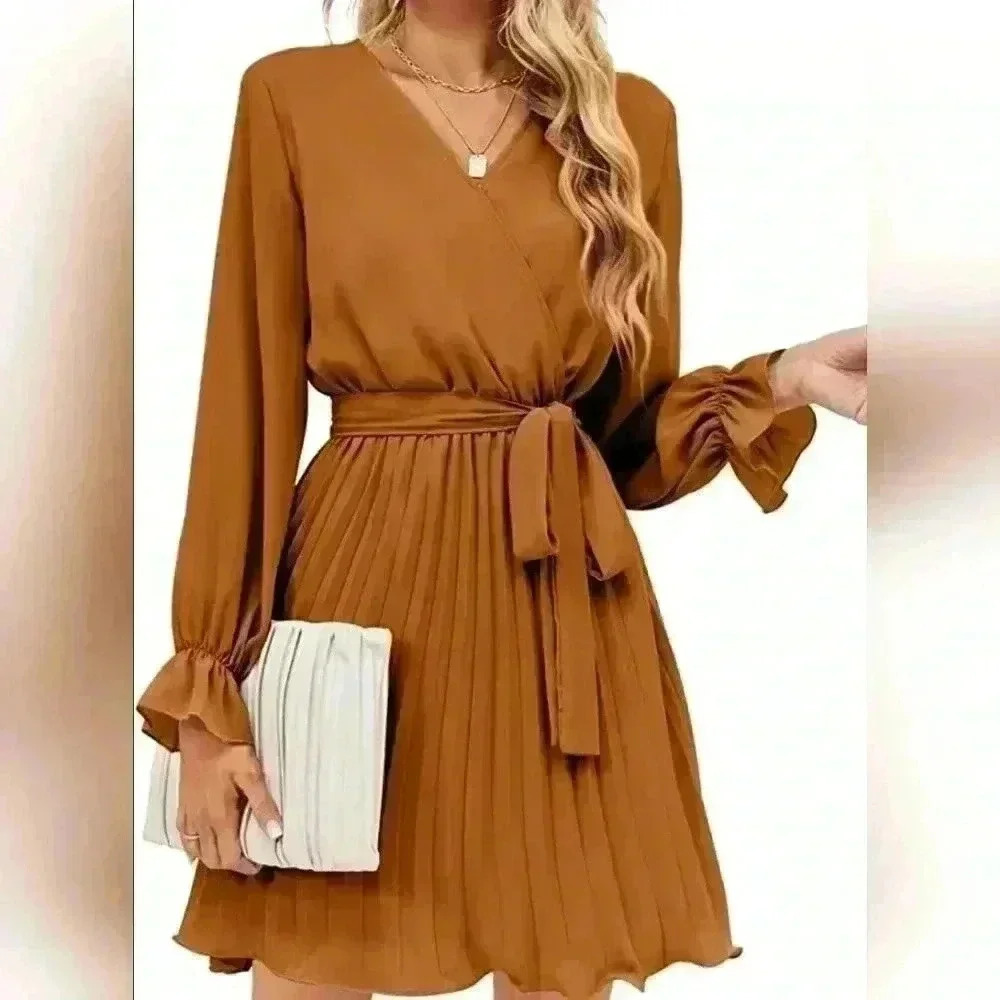 778. BBX Lephsnt Med long Puff Sleeve V neck pleated ruffle flowy belted Dress